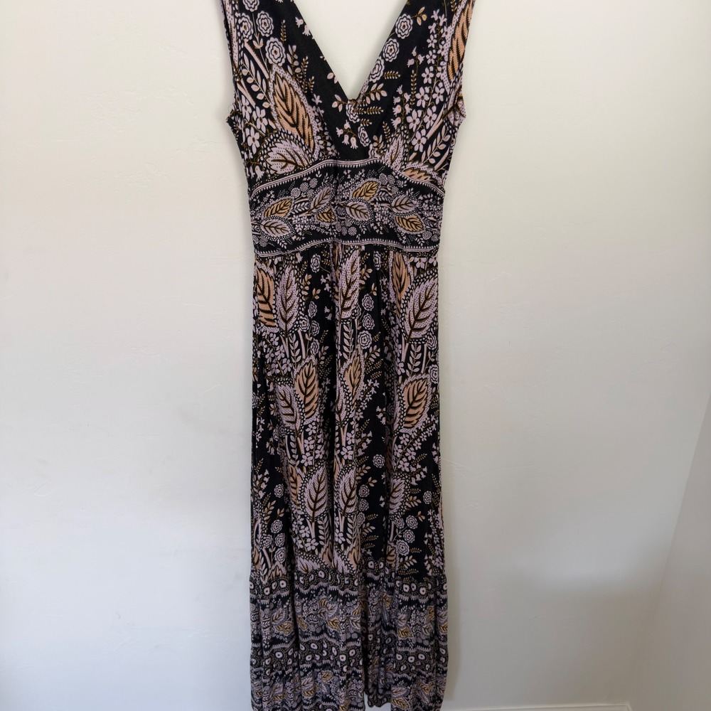 Maeve Anthropologie Black Pink Paisley V-Neck Cutout Back Maxi Dress Small